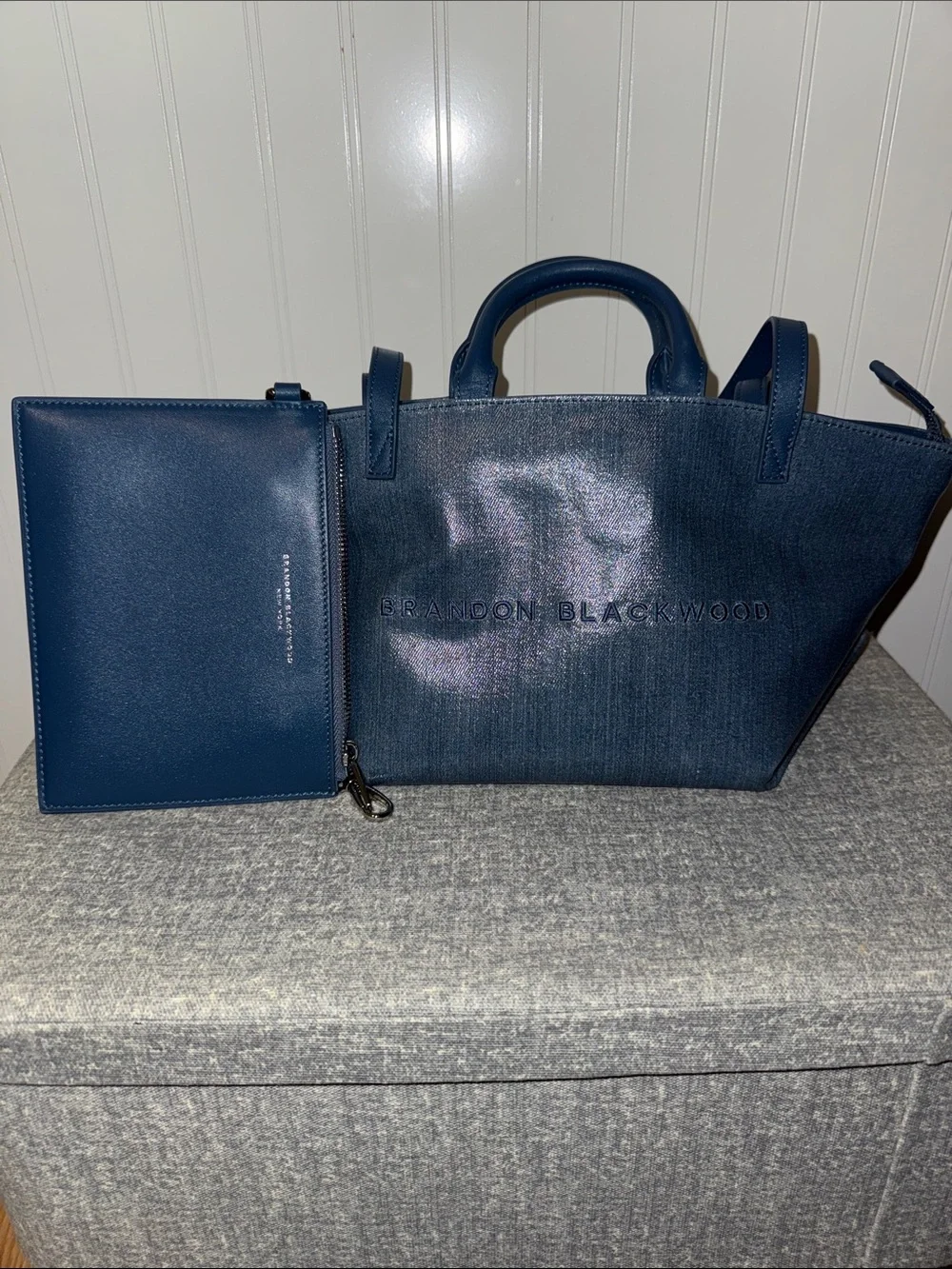 Brandon Blackwood Navy/Denim canvas coated Tote with Detachable Zip Pouch